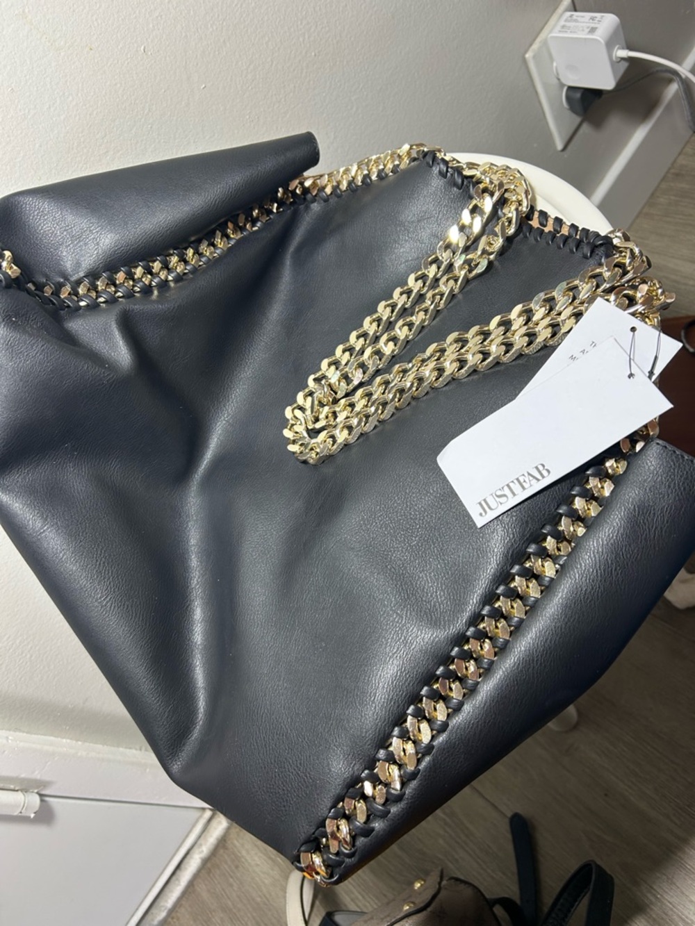 JustFab Black Tote with Gold Chain Handles